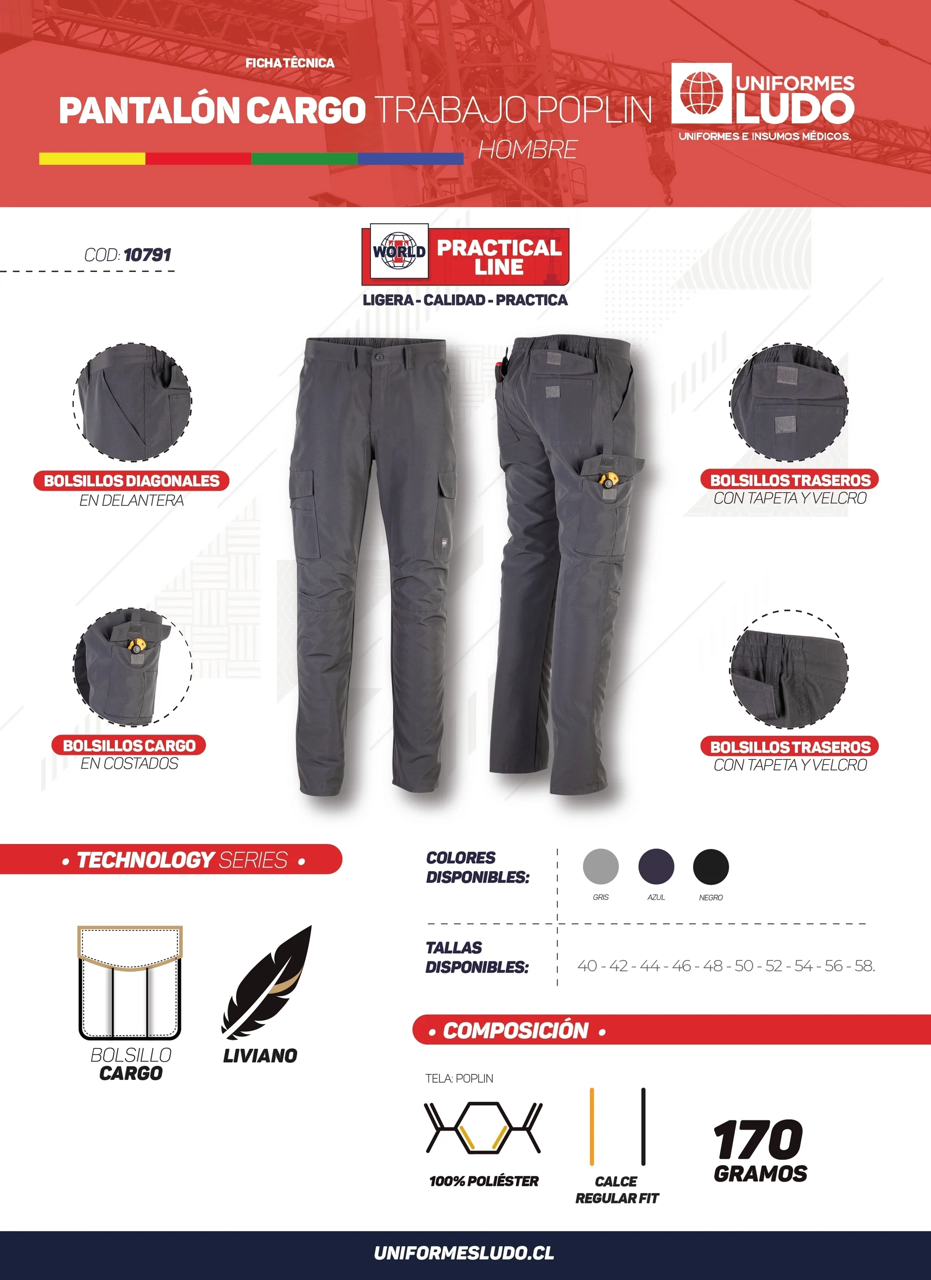 Pantalón Cargo Trabajo Poplin Hombre